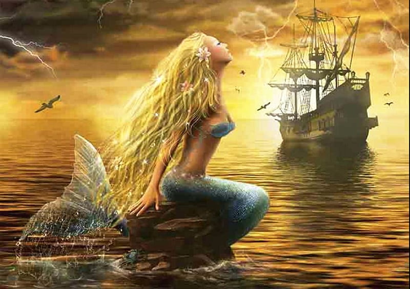 Miracles of the Sea, water, ship, mermaid, sunse, woman, artwork, HD wallpaper