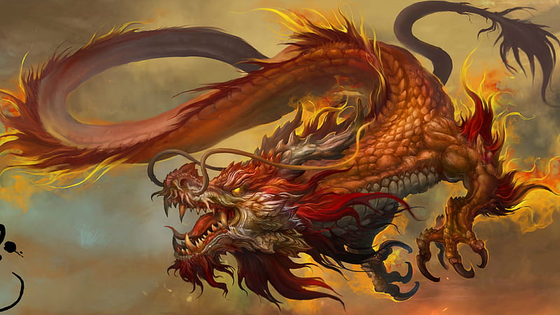 Fantasy Red And Yellow Dragon Is Flying Near Sky Dreamy, HD wallpaper