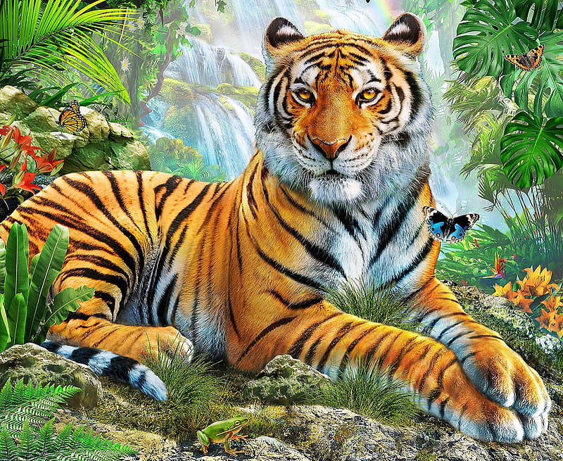 Tiger, fantasy, green, orange, luminos, adrian chesterman, tigru, animal, jungle, HD wallpaper