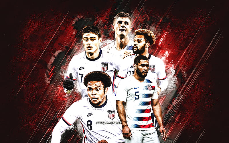 USA national soccer team, red stone background, USA, soccer, United States men's national soccer team, Christian Pulisic, Weston McKennie, HD wallpaper