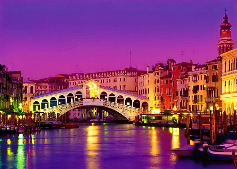 Venice, Purple, pretty, colorful, nught, canal, bonito, nice, bridge, beauty, river, evening, reflection, art, Town, lovely, romantic, buildings, colors, palace, sky, water, summer, gondola, HD wallpaper