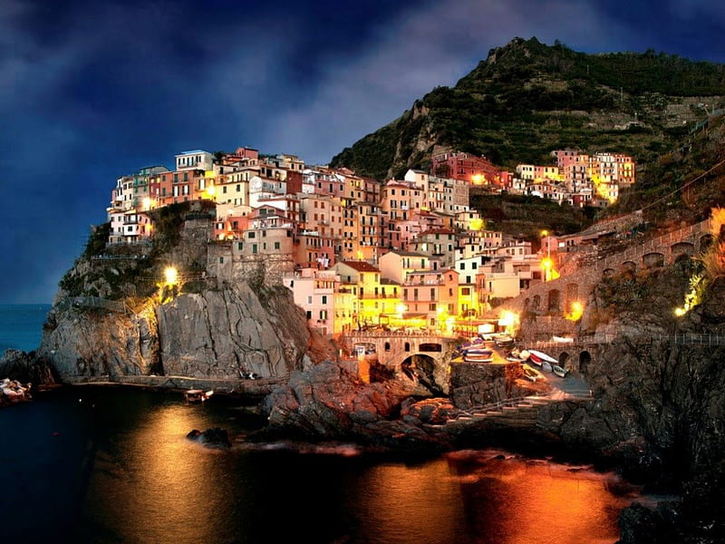 Amalfi Italy, mountain, city, houses, nights, coast, lights, HD wallpaper