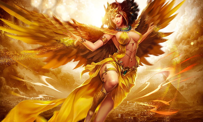Golden Angel, pretty, art, angel, yellow, bonito, woman, fantasy, gold, girl, digital, HD wallpaper