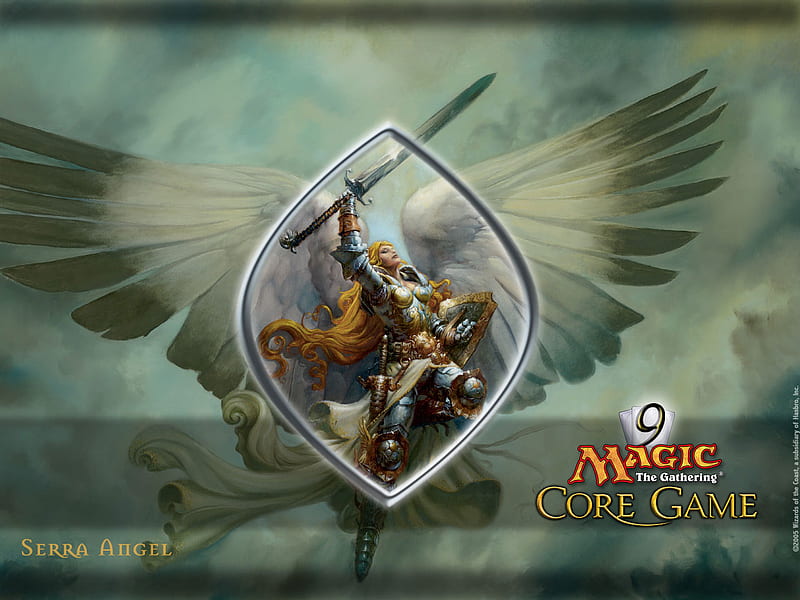 Serra Angel, warrior, cards, angel, magic the gathering, clouds, card game, sky, sword, HD wallpaper