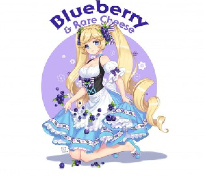 Blue Berry & Rare Cheese, pretty, dress, blond, sweet, fruit, nice, twin tail, ady, berry, anime, hot, anime girl, long hair, adporable, female, lovely, twintail, blonde, blonde hair, twintails, sexy, twin tails, blond hair, plain, cute, kawaii, girl, simple, lady, white, maiden, HD wallpaper