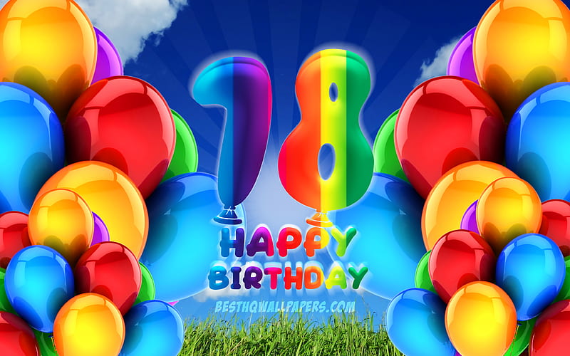 Happy 18 Years Birtay, cloudy sky background, Birtay Party, colorful ballons, Happy 18th birtay, artwork, 18th Birtay, Birtay concept, 18th Birtay Party, HD wallpaper