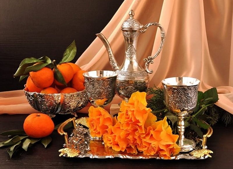 silver, still life, arangement, orange, decoration, flowers, beauty, HD wallpaper