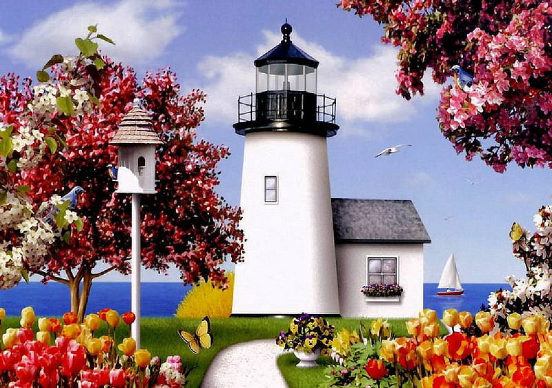 Lighthouse in Spring, trees, clouds, sky, artwork, sea, painting, flowers, path, tulips, sailboat, HD wallpaper
