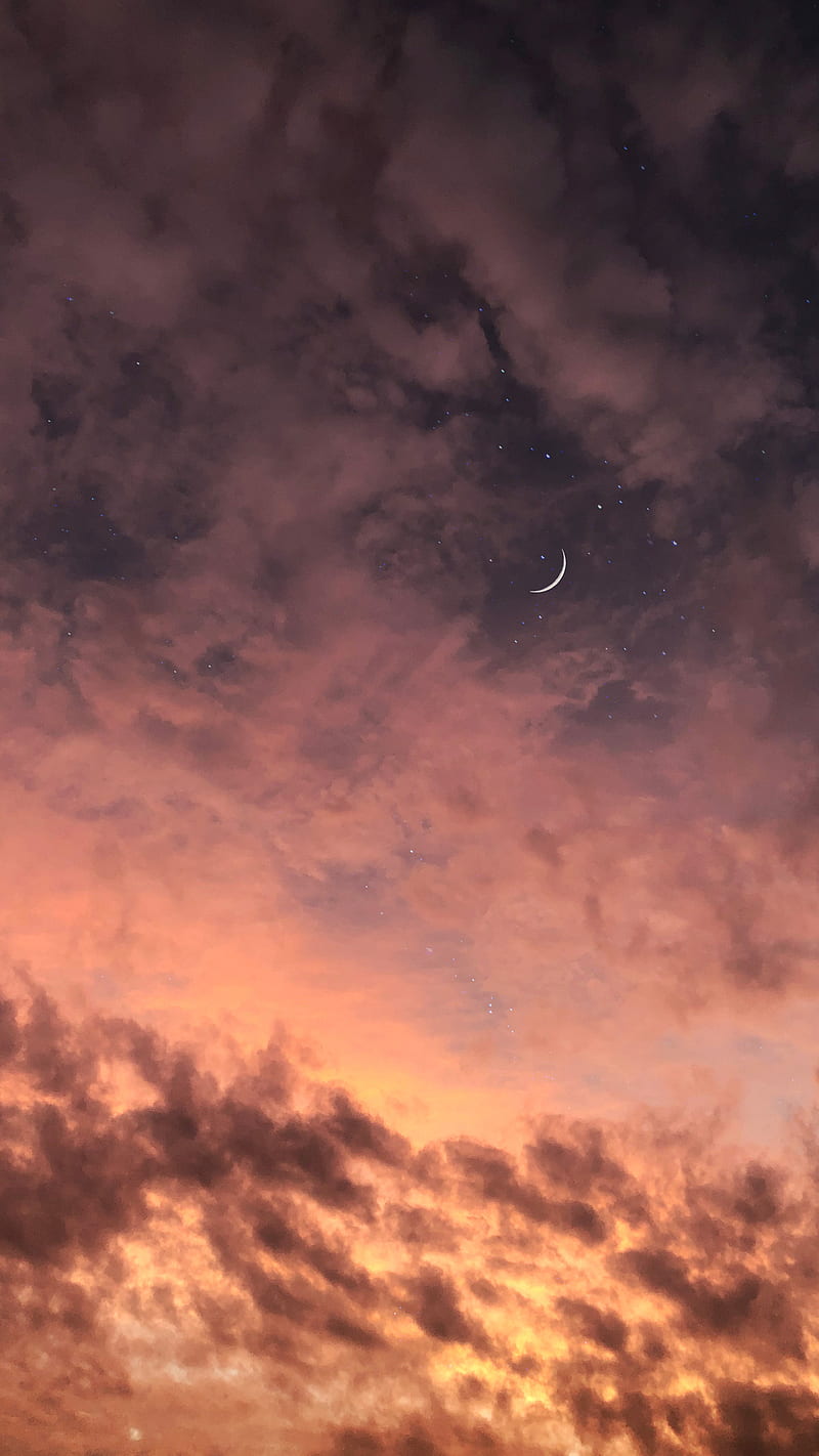 Fire in the sky, afternoon, clouds, cloudscape, cosmic, crescent, dream, dreamy, golden hour, magic, magical, moon, night, noon, shoot_thismoment, space, space art, starry sky, stars, sunset, HD phone wallpaper