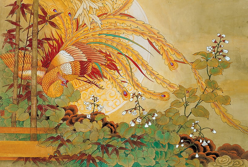 Phoenix, art, bird, paun, peacock, yellow, pasari, chinese, fantasy, HD wallpaper