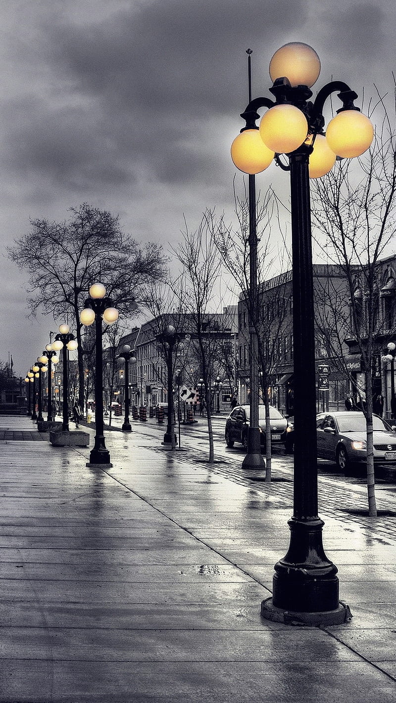 Street lamps, black, dark, evening, night, white, winter, HD phone wallpaper