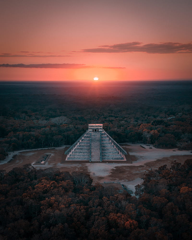 sunset, forest, ancient, pyramid, HD phone wallpaper