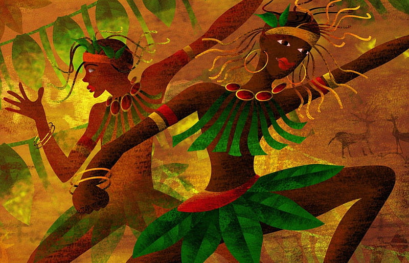 African dance, red, art, orange, black, yellow, man, woman, africa, girl, green, people, painting, dance, HD wallpaper