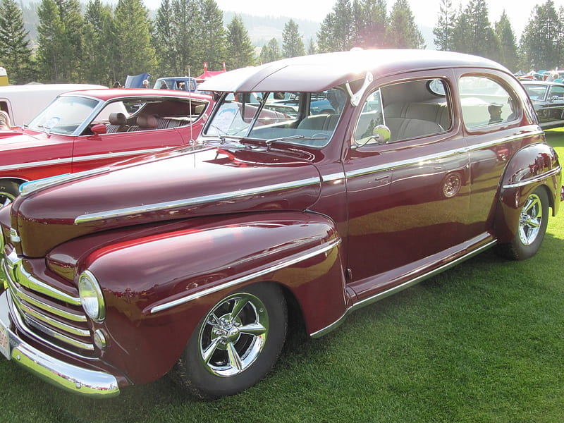 1948 Ford red wine color, red, Ford, graphy, green, headlights, black, tires, HD wallpaper