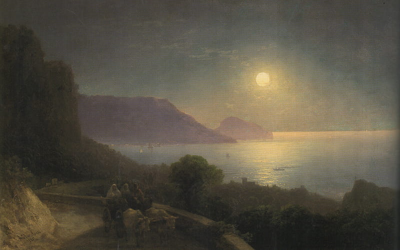 The form of the Crimea in the moonlight, art, water, moon, crimea, painting, pictura, night, sea, ivan aivazovsky, HD wallpaper