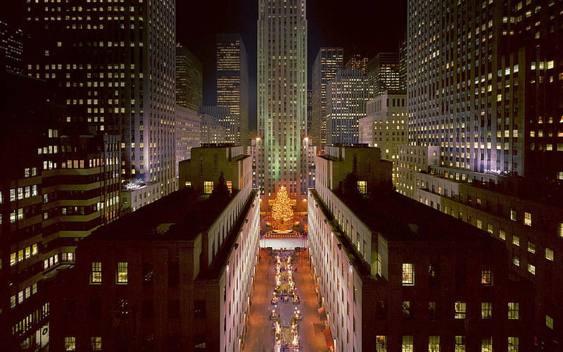 Rockefeller Center, Christmas Tree, Rockefeller Plaza, New York, Christmas, New Year, USA, evening, HD wallpaper