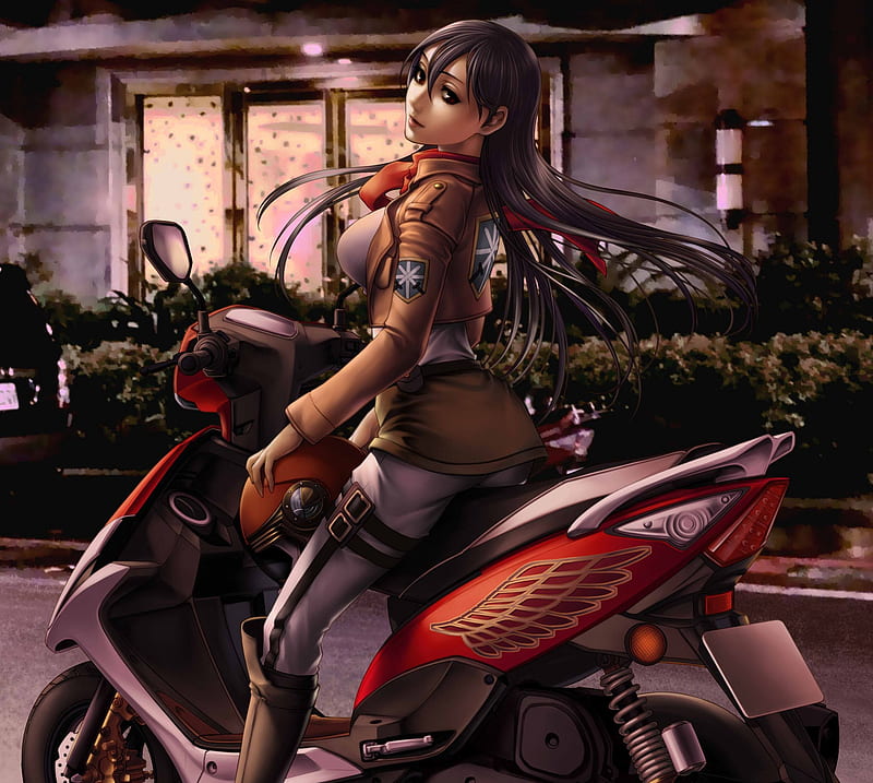 Mikasa Ackerman, pretty cg, bonito, motorbike, motorcycle, sweet, nice, attack on titan, anime, hot, beauty, bike, anime girl, realistic, long hair, female, lovely, sexy, shingeki no kyojin, cute, mikasa, 3d, girl, lady, maiden, HD wallpaper