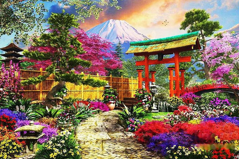 Japanese Garden, gate, painting, flowers, path, trees, artwork, HD wallpaper