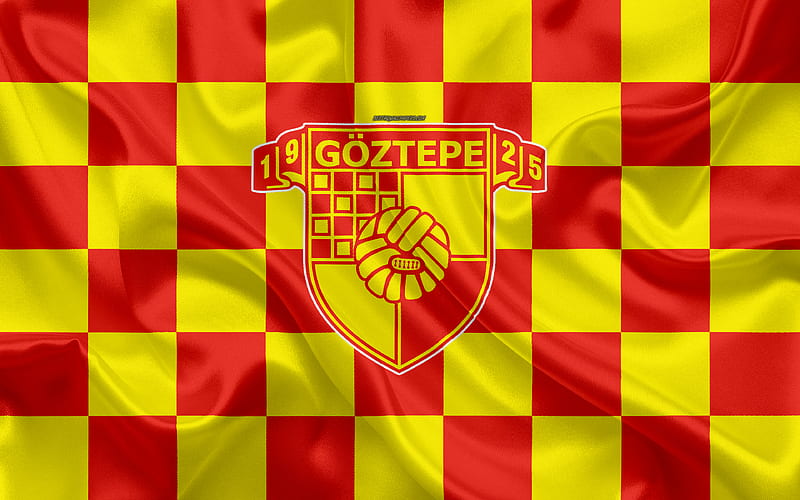 Goztepe SK logo, creative art, red yellow checkered flag, Turkish football club, emblem, silk texture, Izmir, Turkey, HD wallpaper