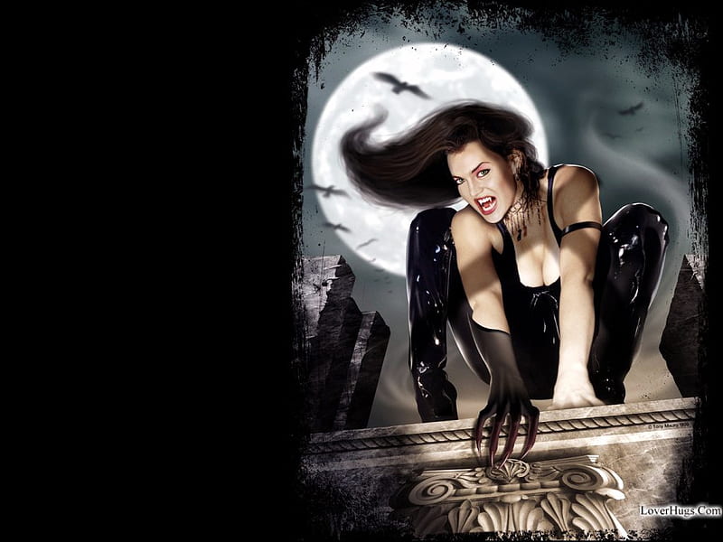 female vampire, brunette, moon, bats, buildings, crouching, HD wallpaper