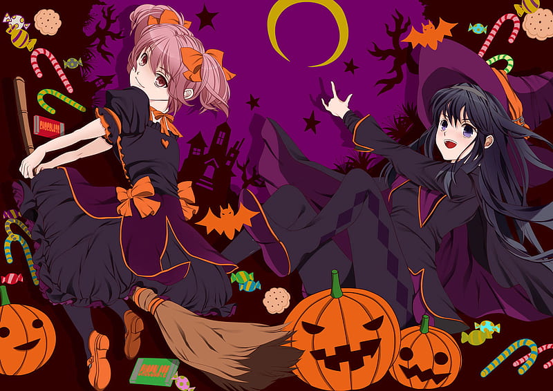 trick or treat, dreawing, costumes, colorful, holiday, halloween, manga, cartoon, cute, anima, pumpkins, HD wallpaper