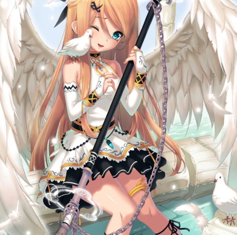 White Angel, pretty, dress, blond, bonito, adorable, wing, sweet, nice, anime, beauty, anime girl, long hair, chain, female, wings, lovely, angel, blonde, blonde hair, blond hair, pigeon, cute, kawaii, girl, bird, dove, wink, white, HD wallpaper