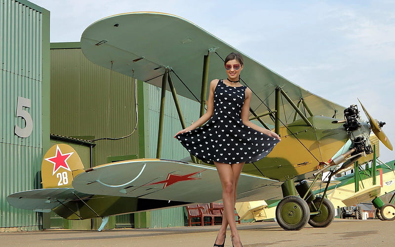 Maria Ryabushkina Posing with a Russian Bi-Plane, brunette, aircraft, dress, model, HD wallpaper