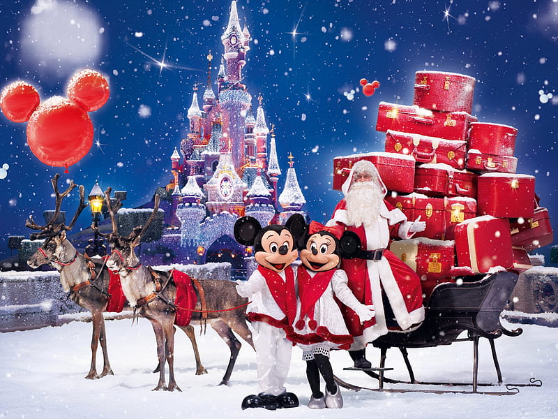 Santa's presents, sledges, santa claus, dears, moon, merry, stars, holiday, christmas, new year, sky, balloon, planet, mouce, predents, castle, minnie, mickey, gifts, HD wallpaper