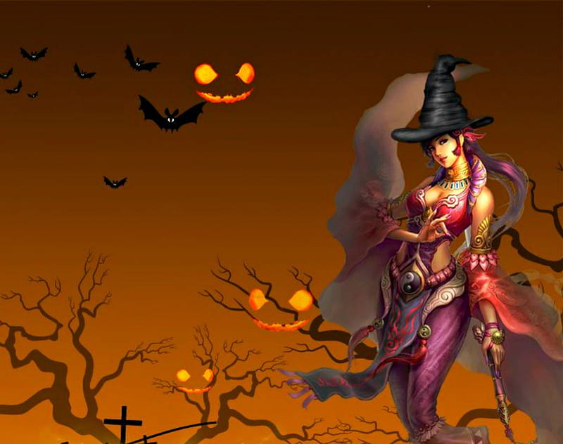 Beautiful witch, witch, girl, bats, hallowen, pumpkin eye, trees, HD wallpaper