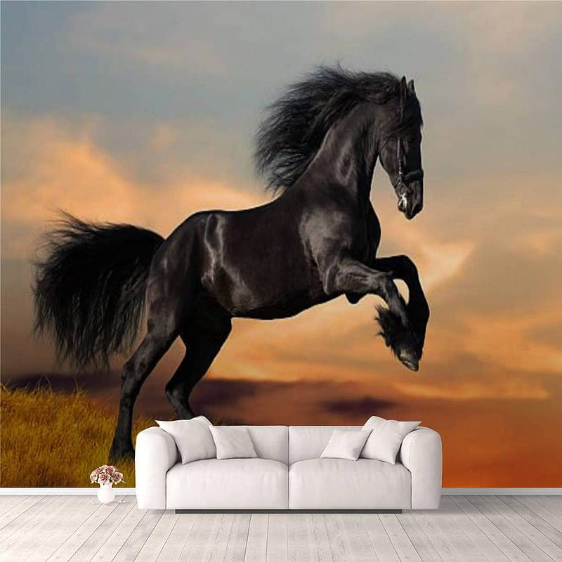 3D Black Friesian Horse Gallops at Sunset Self Adhesive Bedroom Living Room  Dormitory Decor Wall Mural