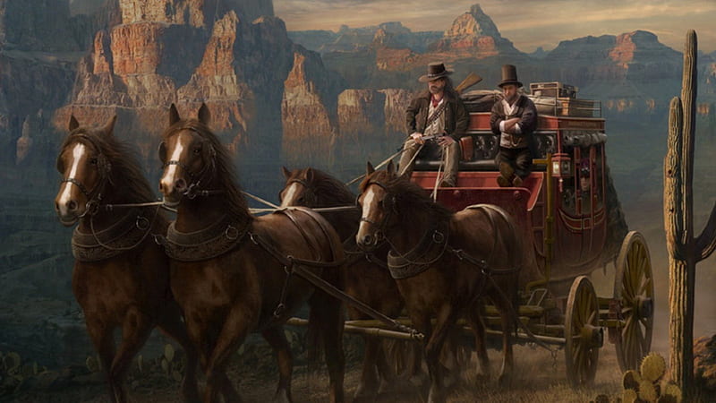 Stagecoach, scenic, 1600x900, old west, horses, HD wallpaper