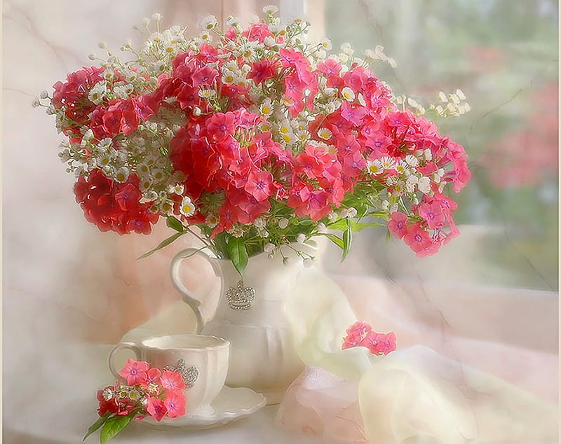 Still Life, pretty, vase, bonito, cup of tea, tea, graphy, flowers, beauty, pink, pink flowers, lovely, window, romantic, white flowers, romance, cup, nature, petals, white, HD wallpaper