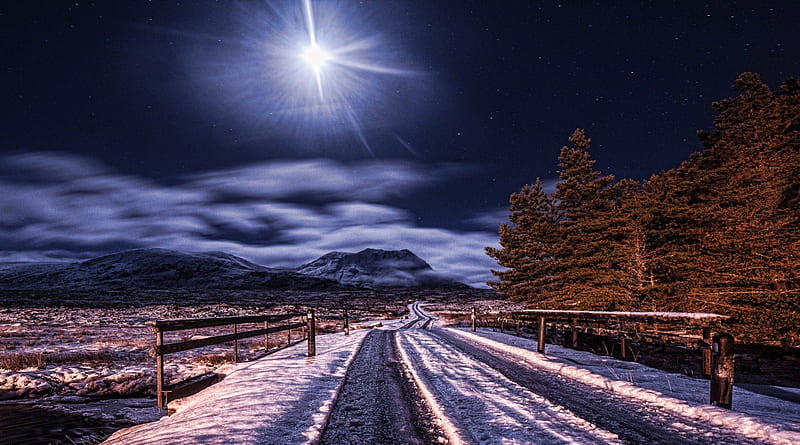 bridge on a country road in a clear winter night r, moon, bridge, r, road, night, winter, HD wallpaper