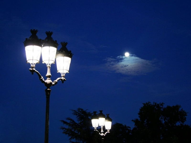 Lovely street lights under a full moon, moon, lovely, full, street, lights, HD wallpaper