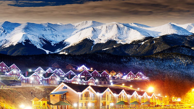 row houses in a mountain village in winter, mountain, forest, dusk, village, lights, winter, HD wallpaper