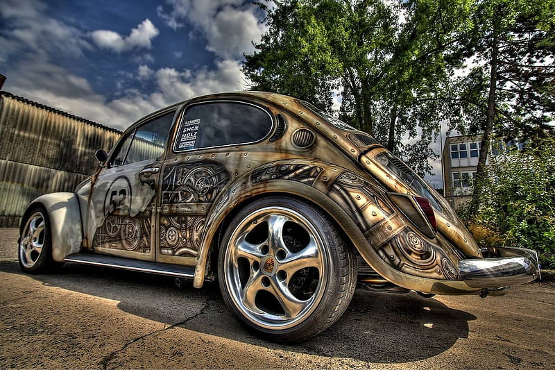Herbie goes Steampunk, colors, beetle, trees, car, sky, HD wallpaper