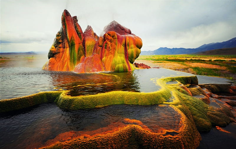 Fly Geyser, Nevada, grass, ls, algaes, bonito, small geothermal geyser, pools, mound of minerals, mountains, terraces, hot water, field, HD wallpaper