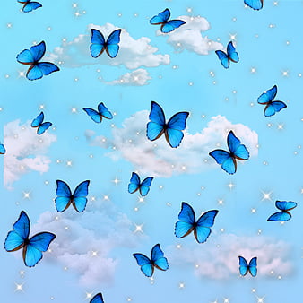 Blue butterfly, aesthetic, clouds, glitter, sky, summer, HD phone wallpaper