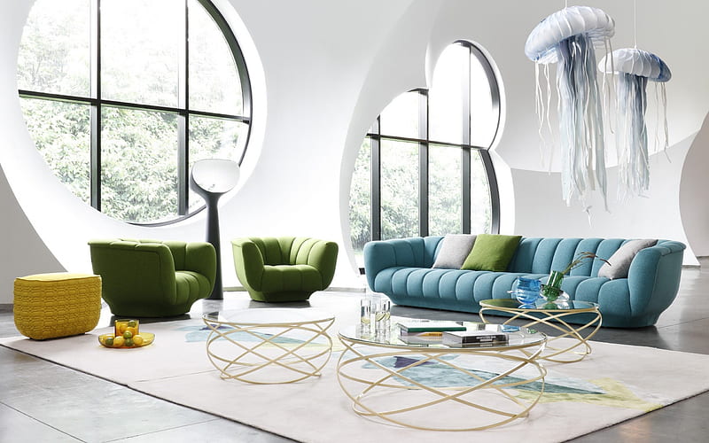 stylish living room interior, white living room, colored sofas, jellyfish chandeliers, modern interior design, HD wallpaper