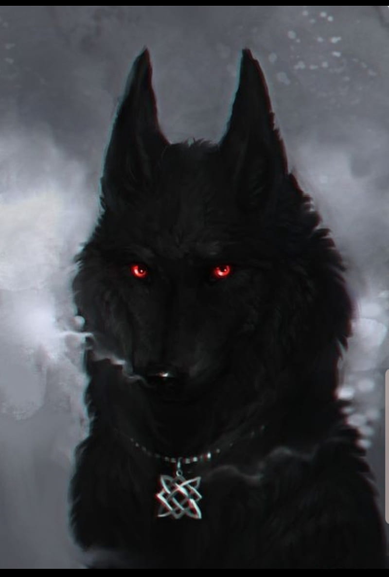 Red Eyed Wolf, art, belle night, black, moon, smoke, twilight wolf, wolves, HD phone wallpaper