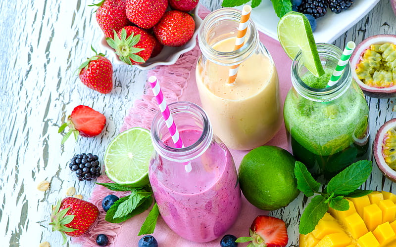 fruit smoothies, berries, fruit, breakfast, smoothie in jars, healthy food, HD wallpaper