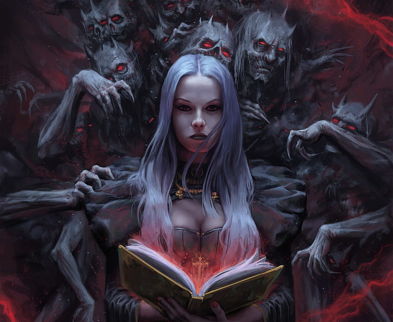 dark, Sorceress, Book, Demon, Girl, White Hair, Woman, HD wallpaper