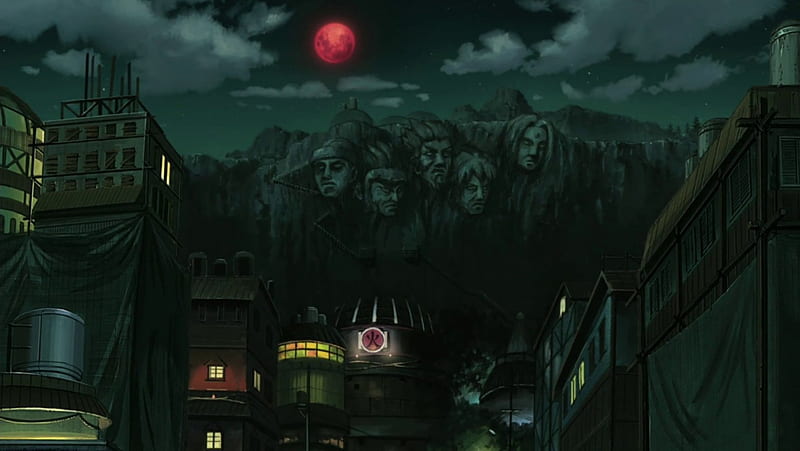 Konoha rebuilt, Konoha, Red, Anime, Naruto, Manga, Shinobi, Village, Hokage Monument, Buildings, Moon, Clouds, Night, HD wallpaper