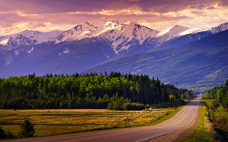 Jasper National Park, sunset, road, summer, mountains, Canada, beautiful nature, Northern America, canadian nature, HD wallpaper
