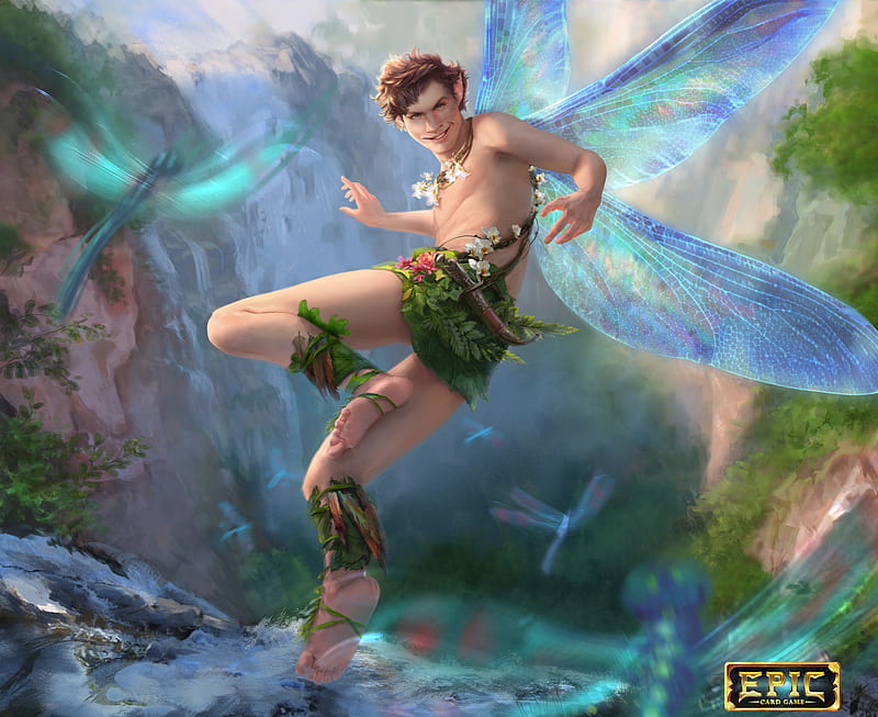 Fairy trickster, wings, luminos, man, stephanie bohm, fantasy, green, dragonfly, blue, HD wallpaper