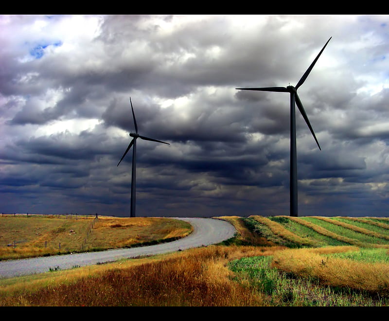 Need some wind!, grass, yellow, turbine, abstract, sky, clouds, 3d, nature, fields, r, white, wind turbine, blue, HD wallpaper