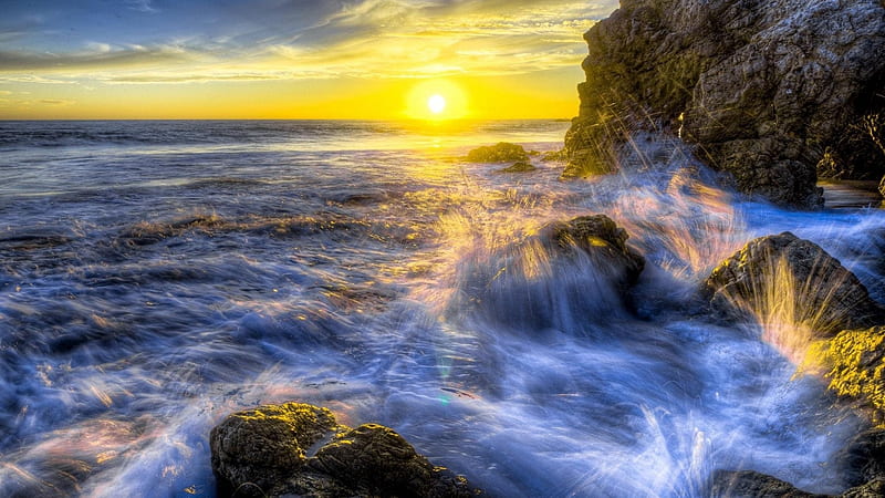 Splashing waves, cliff, sunrise, morning, rocks, colors, sky, HD ...