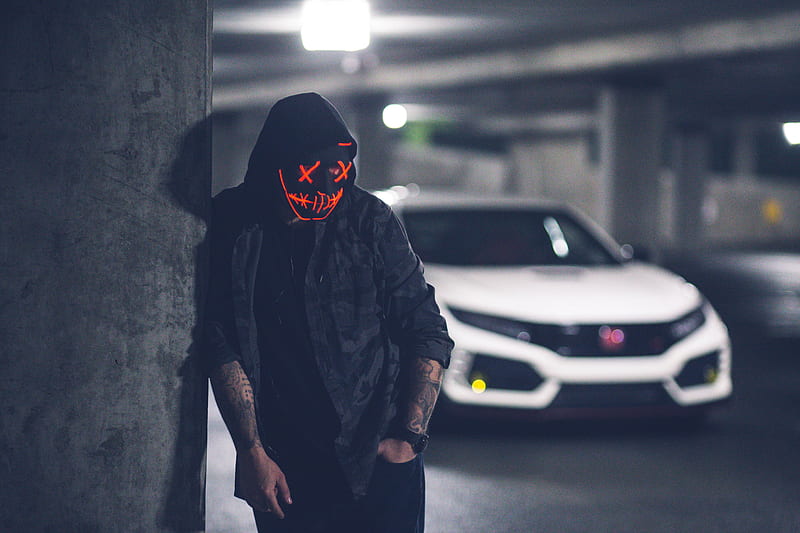 Mask Neon Inked With Car , mask, hoodie, graphy, anonymus, HD wallpaper