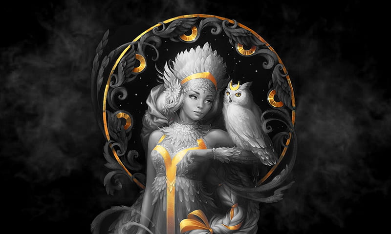 Fantasy girl with an Owl, Black and white, Lovely, owl, enchanting, dreamy, Fantasy girl, HD wallpaper