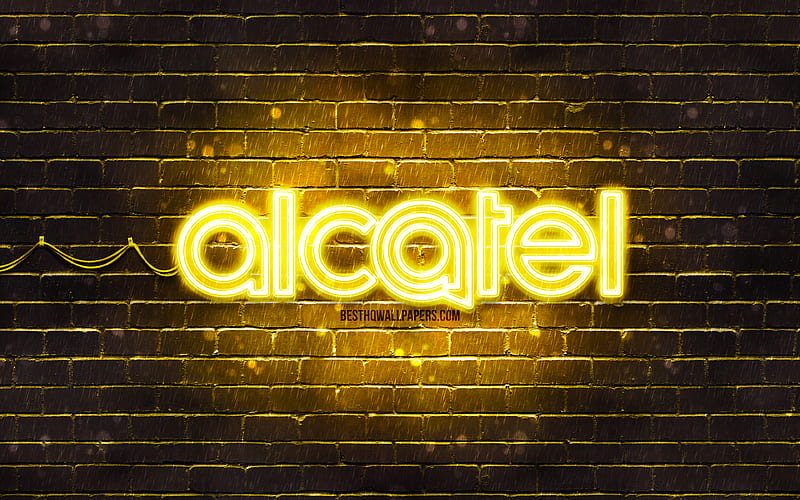 Alcatel yellow logo, , yellow brickwall, Alcatel logo, brands, Alcatel neon logo, Alcatel, HD wallpaper